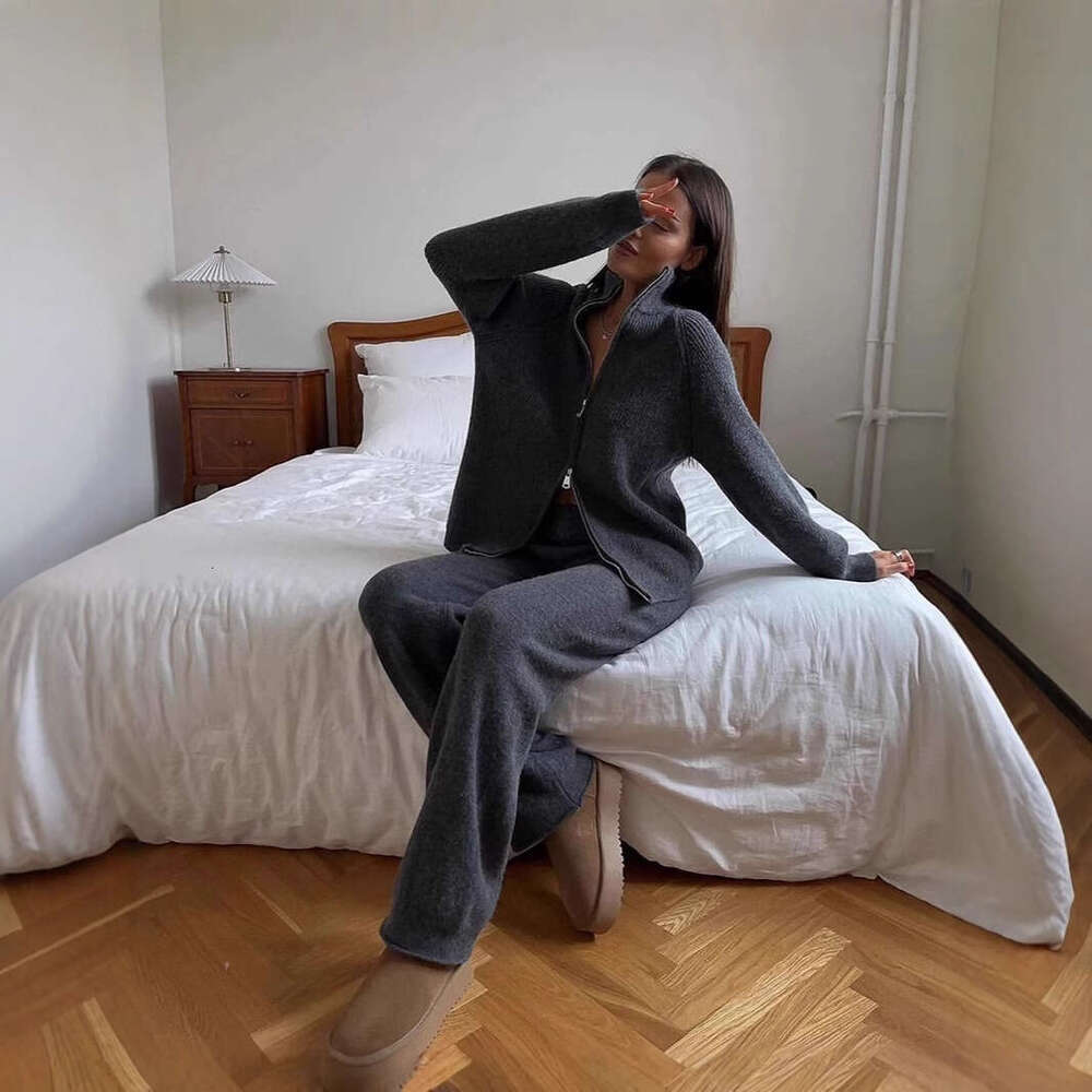 Angora Red Sweater Set Zipper Top Coat + Wide-Leg Pants Knitted Casual Women's Clothing B5