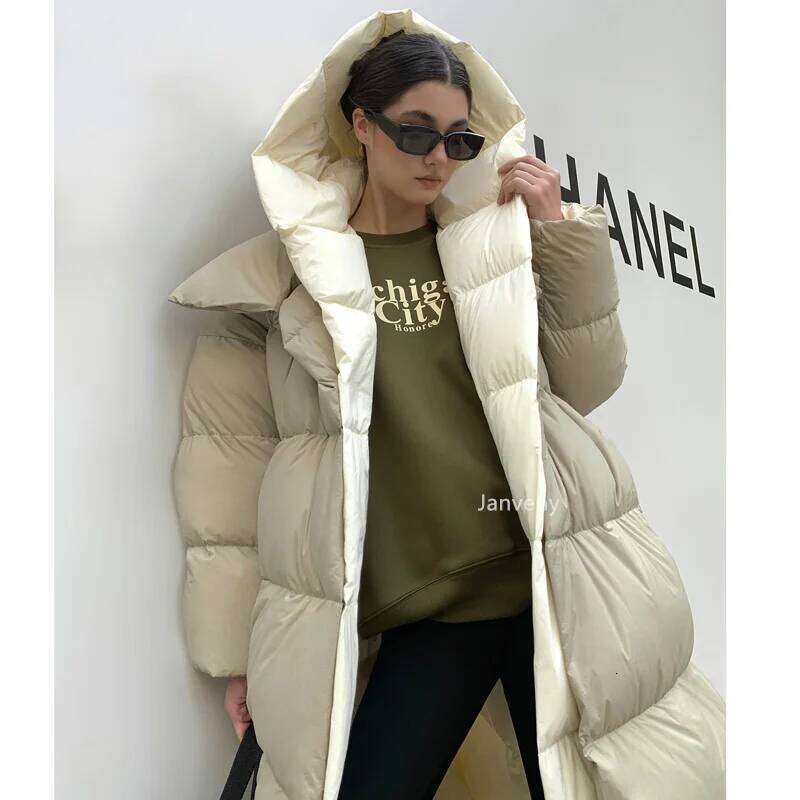 Janveny Fluffy White Duck Down Jacket Women Winter Thickness Warm Long Puffer Coat Hooded Female Fashion Fake Two-Piece Parkas MDNG