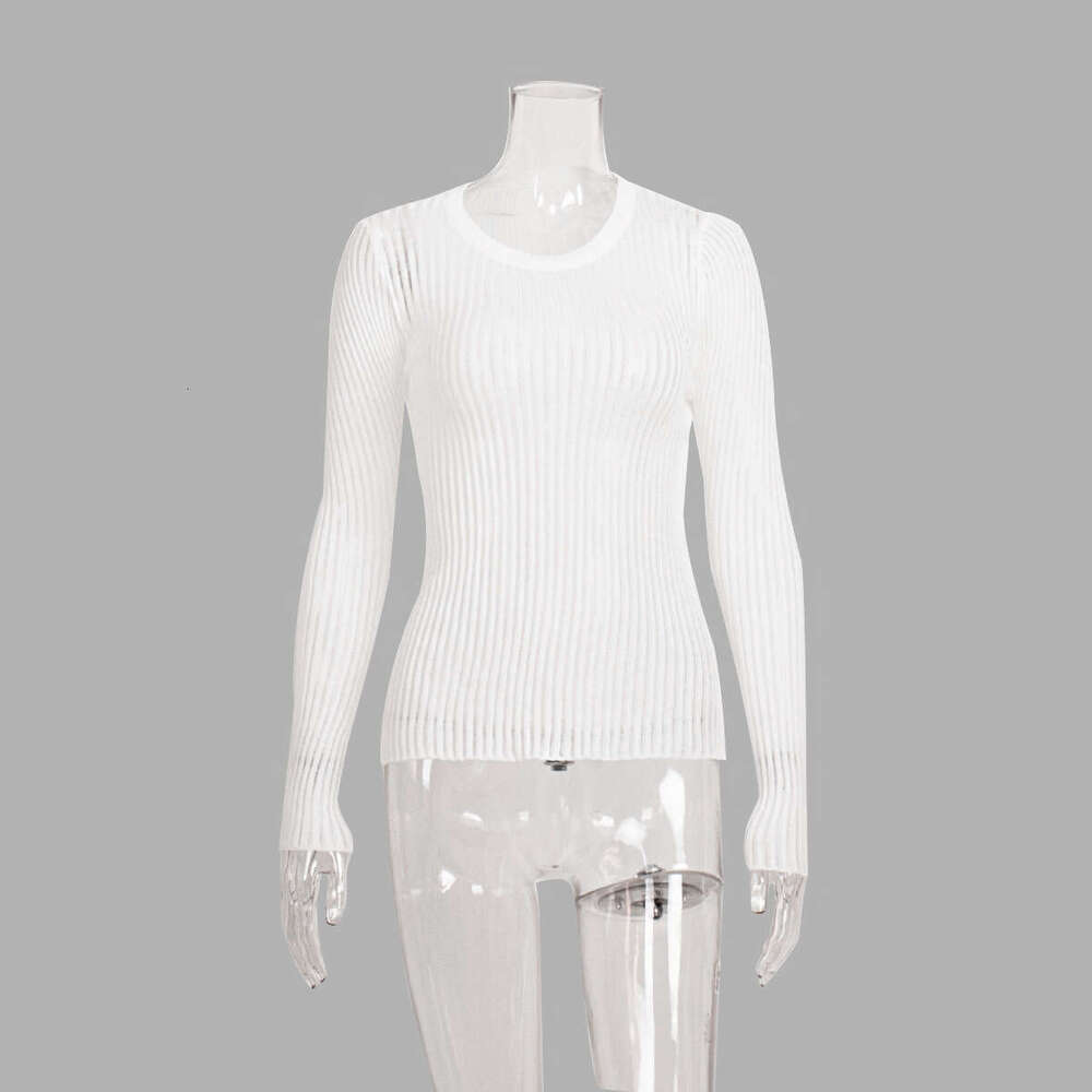 Hollow Out Spring Summer Sexy Slim Fit Wool Round Neck Long Sleeve Thin Ribbed Knit Sweater B5