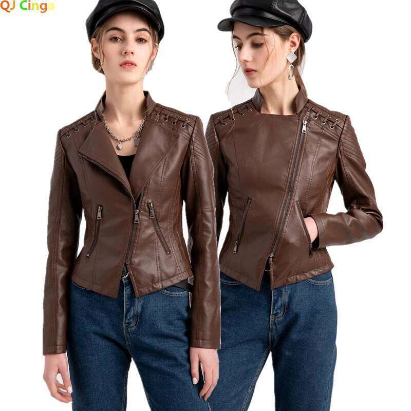 12 Color PU Women's Lapel Zip-Up Overcoat Women Leather Jacket S-4Xl Red Purple Black Coat Female Outerwear Blue Yellow