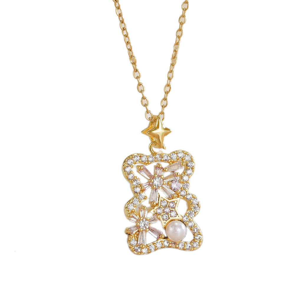 Gold-Plated Copper Micro-Paved Zircon Bear Cookie Design Necklace Collarbone Chain Jewelry Accessories 4A2