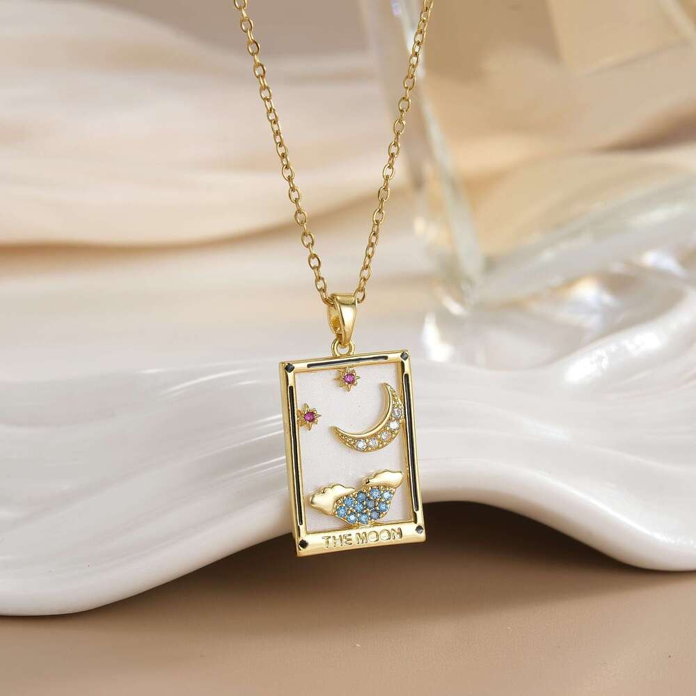 Gold-Plated Copper Tarot Card Design Pendant Mother-Of-Pearl Zodiac Necklace 012