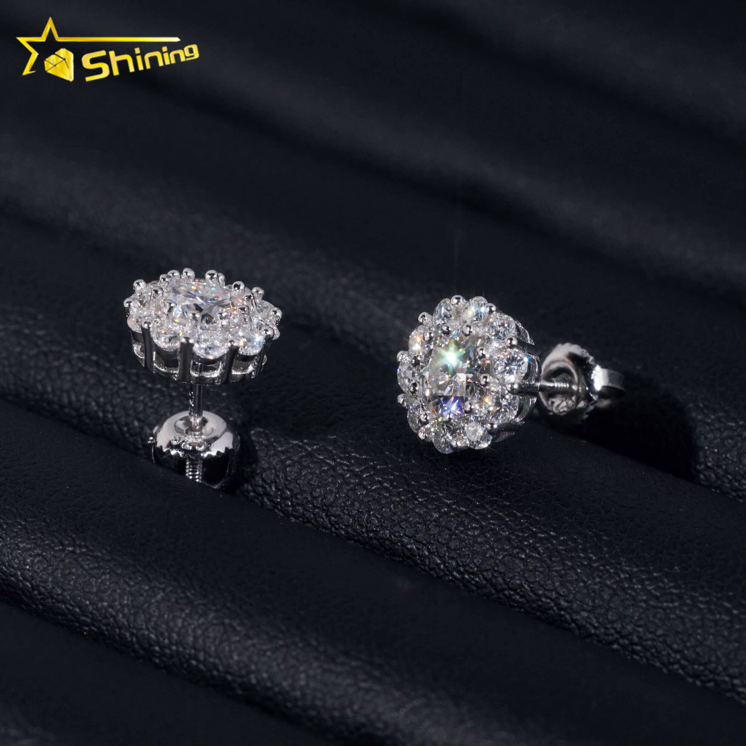 Hip Hop Jewelry Pass Diamond Tester GRA Certified Stocks VVS Diamond 925 Sterling Silver Cluster Moissanite Stud Earrings