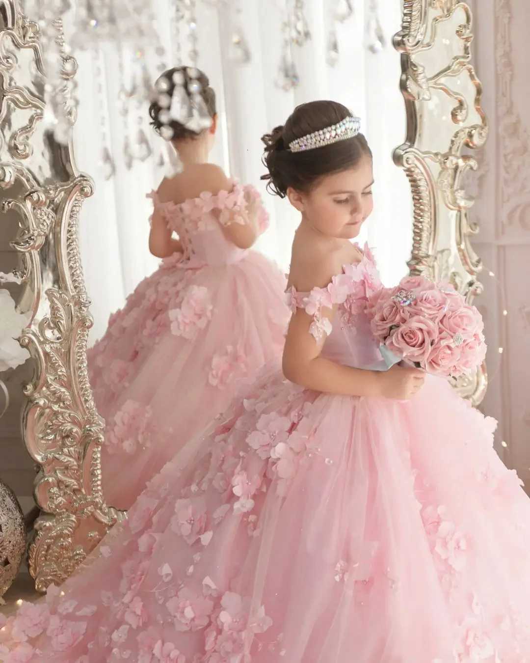 Pink 3d Applique Flower Girl Dress For Wedding Off Shoulder Luxurious Pearls Tulle Child First Eucharistic Birthday Party Dress Z250716