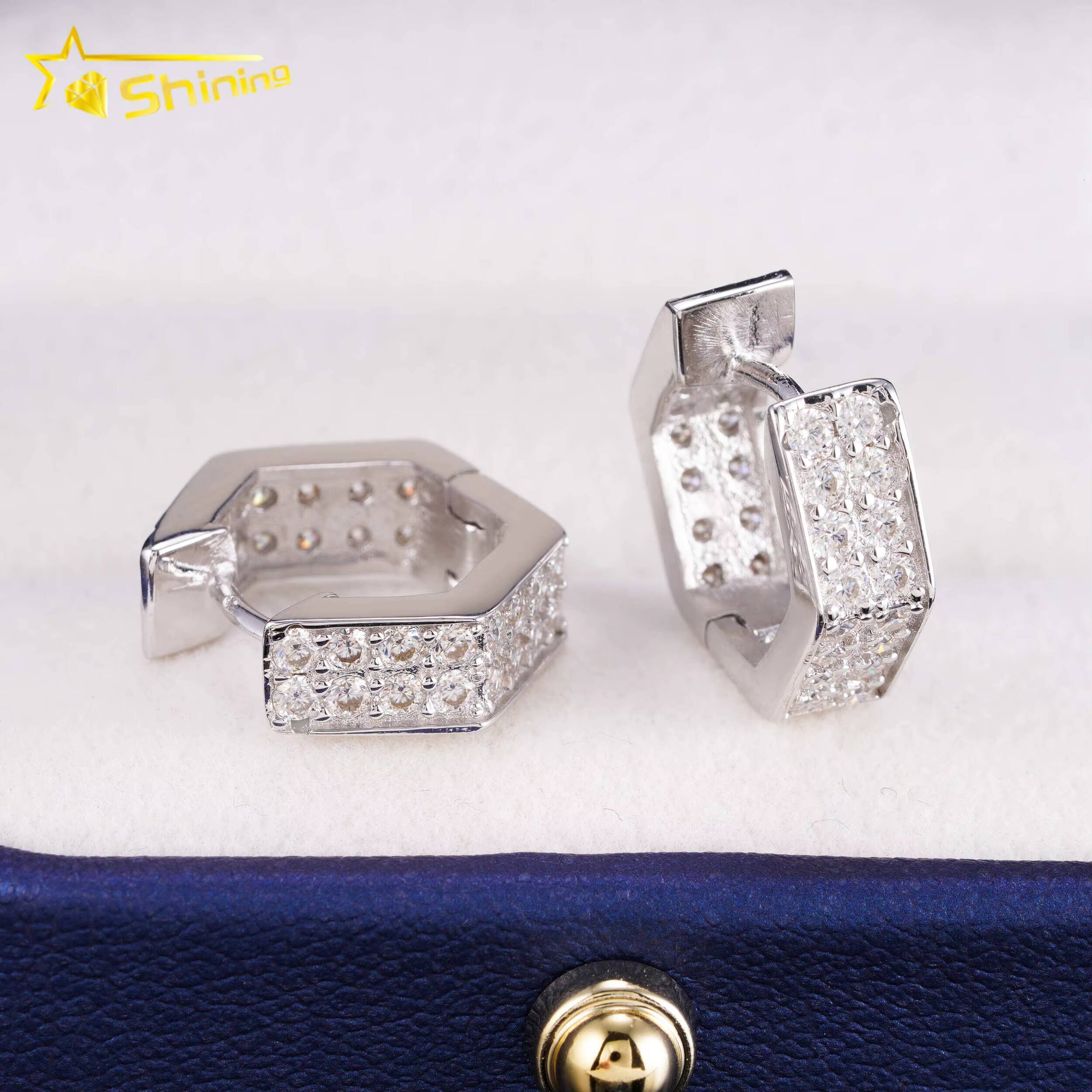 Moissanite Hoop Earrings Ready to Ship Gold Plated 925 Sterling Silver 2Rows VVS Moissanite Diamond Earrings