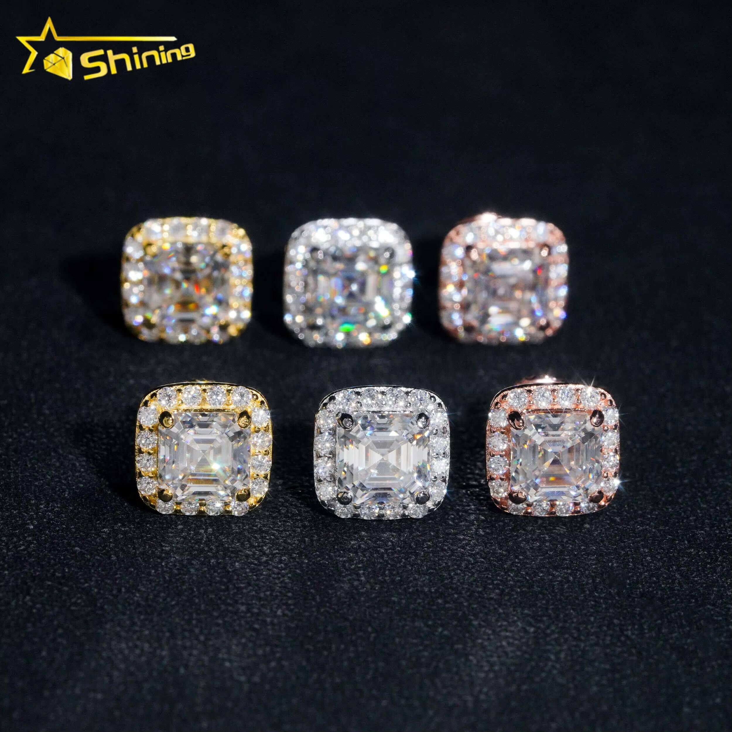 Diamond Tester Certified RTS Hip Hop Jewelry 925 Silver Asscher Cut VVS Diamond Moissanite Stud Earrings