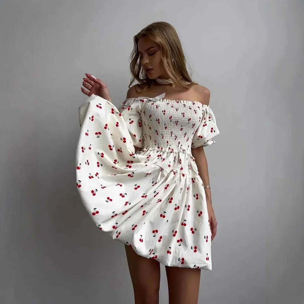 Square Neck Puff Sleeve Summer New Waist-Cinching Printed Short Dress B5