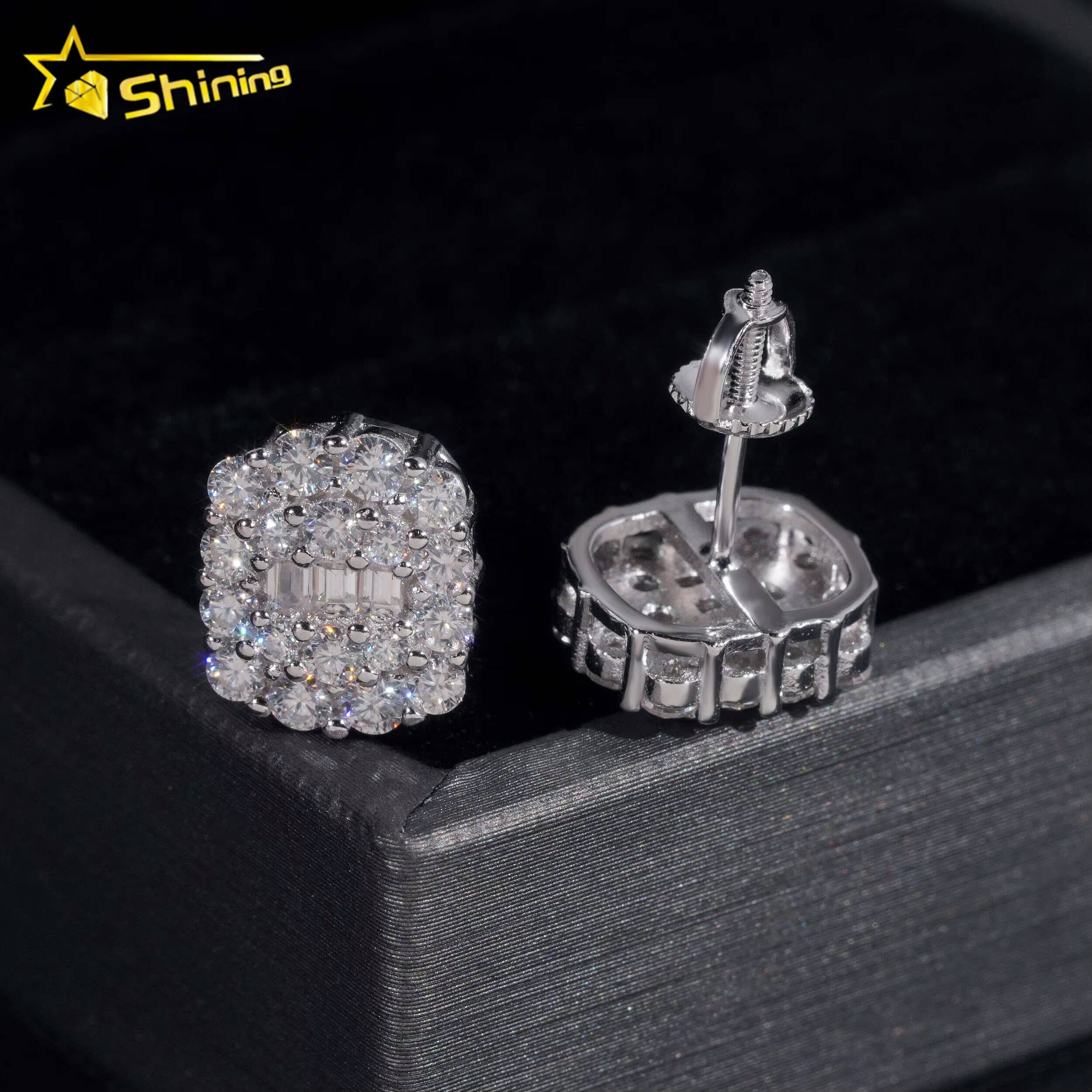 Promotion Price Pass Diamond Tester GRA Certified Fully Iced Out Hip Hop 925 Silver Jewelry Baguette Moissanite Stud Earrings