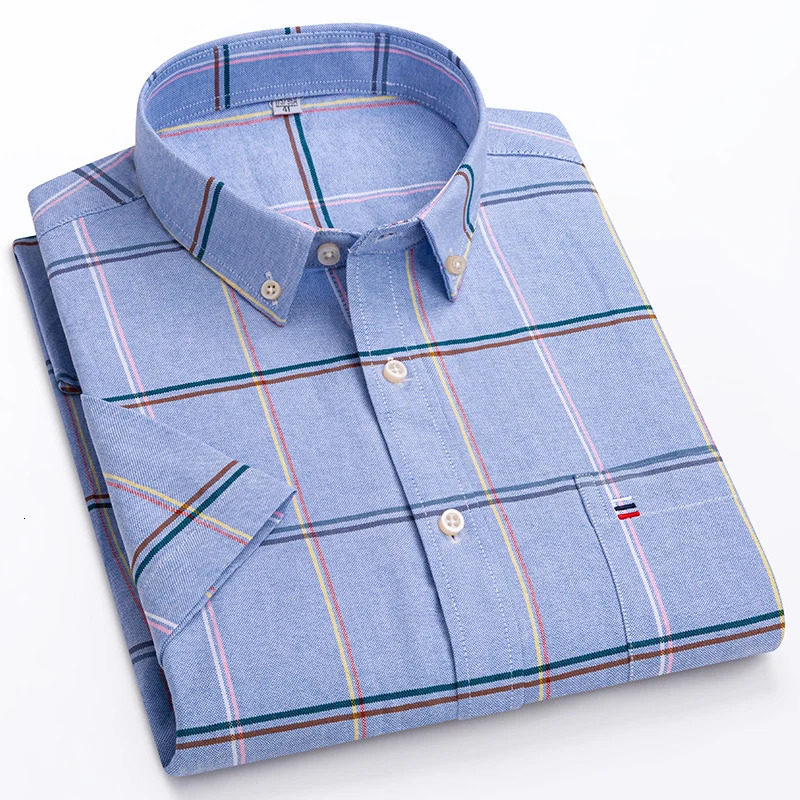Fashionable Mens Shirt Short Sleeve 100 Cotton Oxford Stripe Plaid Formal Casual Social Available in Large Sizes 250708