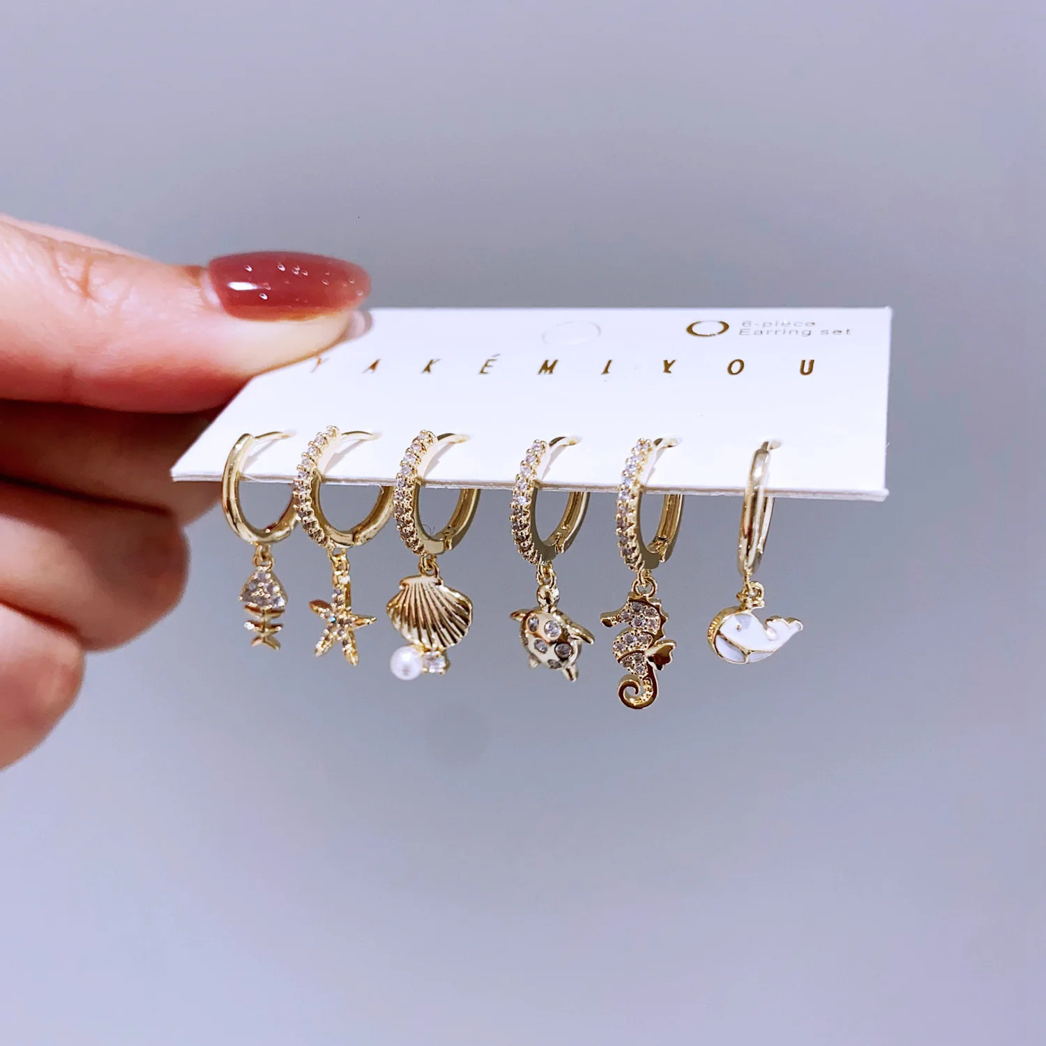 MIGGA 6pcs Cubic Zircon Sea Animals Pendant Dangle Earrings Set Gold Plated Fashion Women Girls Jewelry 250716