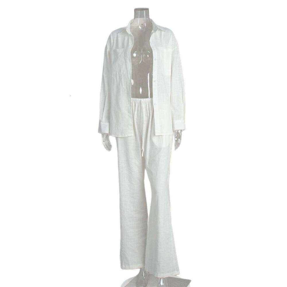 Pure Cotton Long Sleeve Shirt Wide Leg Summer Solid Color Flared Pants Casual Set B5
