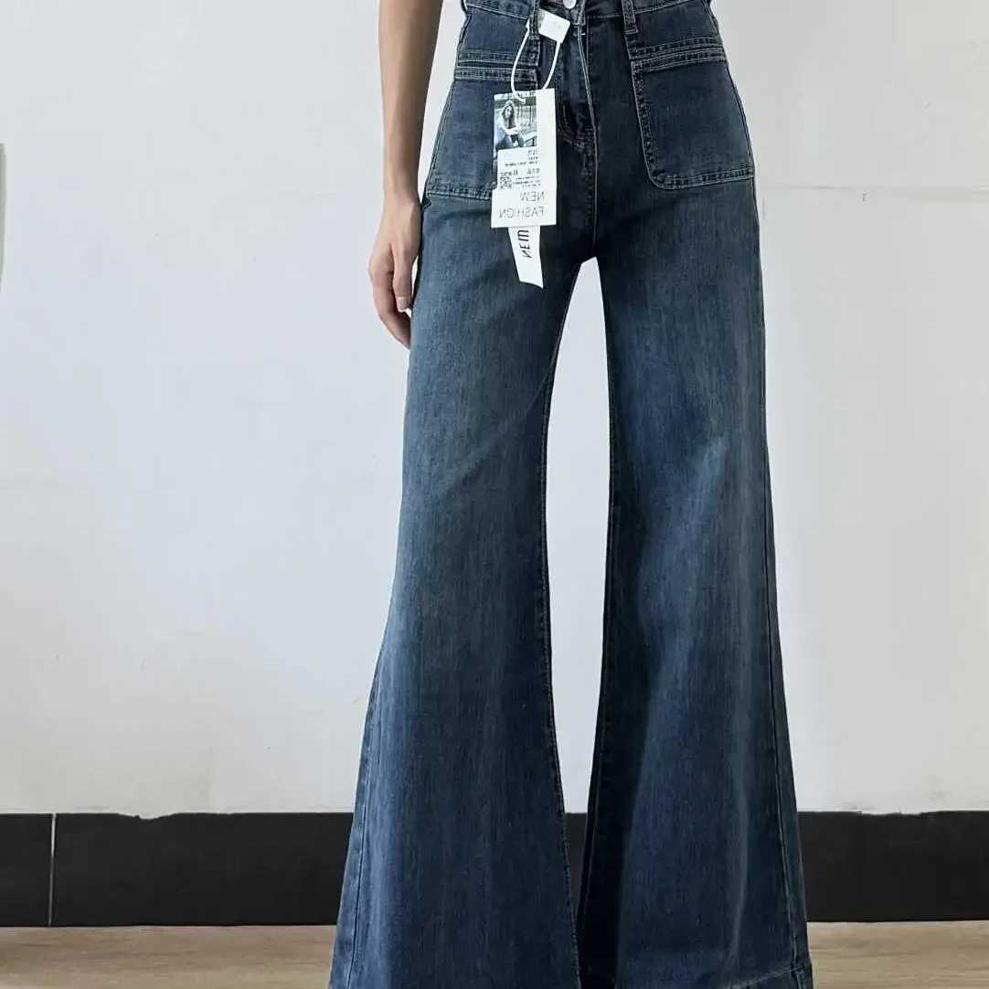 Womens Autumn New Fashion Retro Micro-flared Jeans Solid Color High-waisted Straight Wide Leg Pants Loose Floor-length Jeans R250716