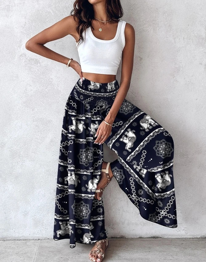 SpringSummer Womens Vacation Trousers Latest Casual Vintage Boho Tribal Floral Print High Waist Shirred Wide Leg Pants 250717