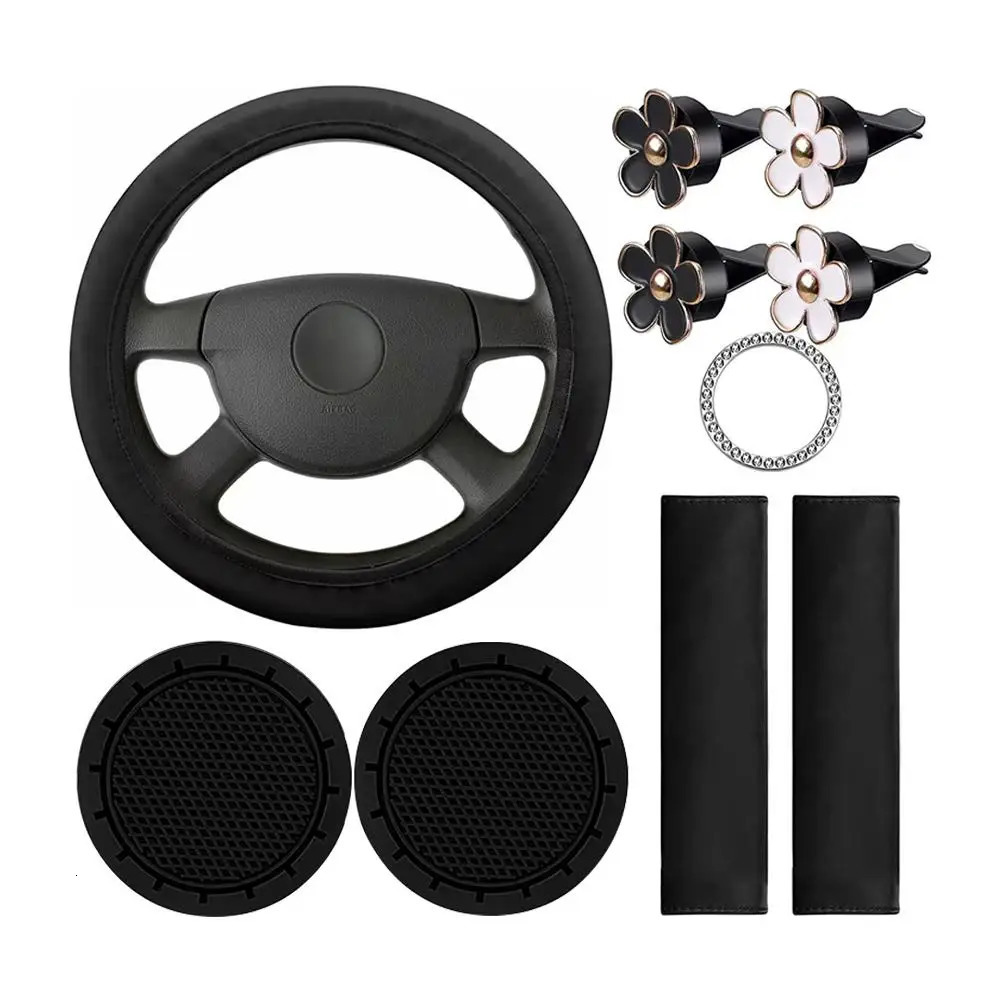 10Pcs Leather Steering Wheel Cover For Women Cute Car Accessories Set With Seat Belt Shoulder Pads Cup Holders Car Decorations 250715