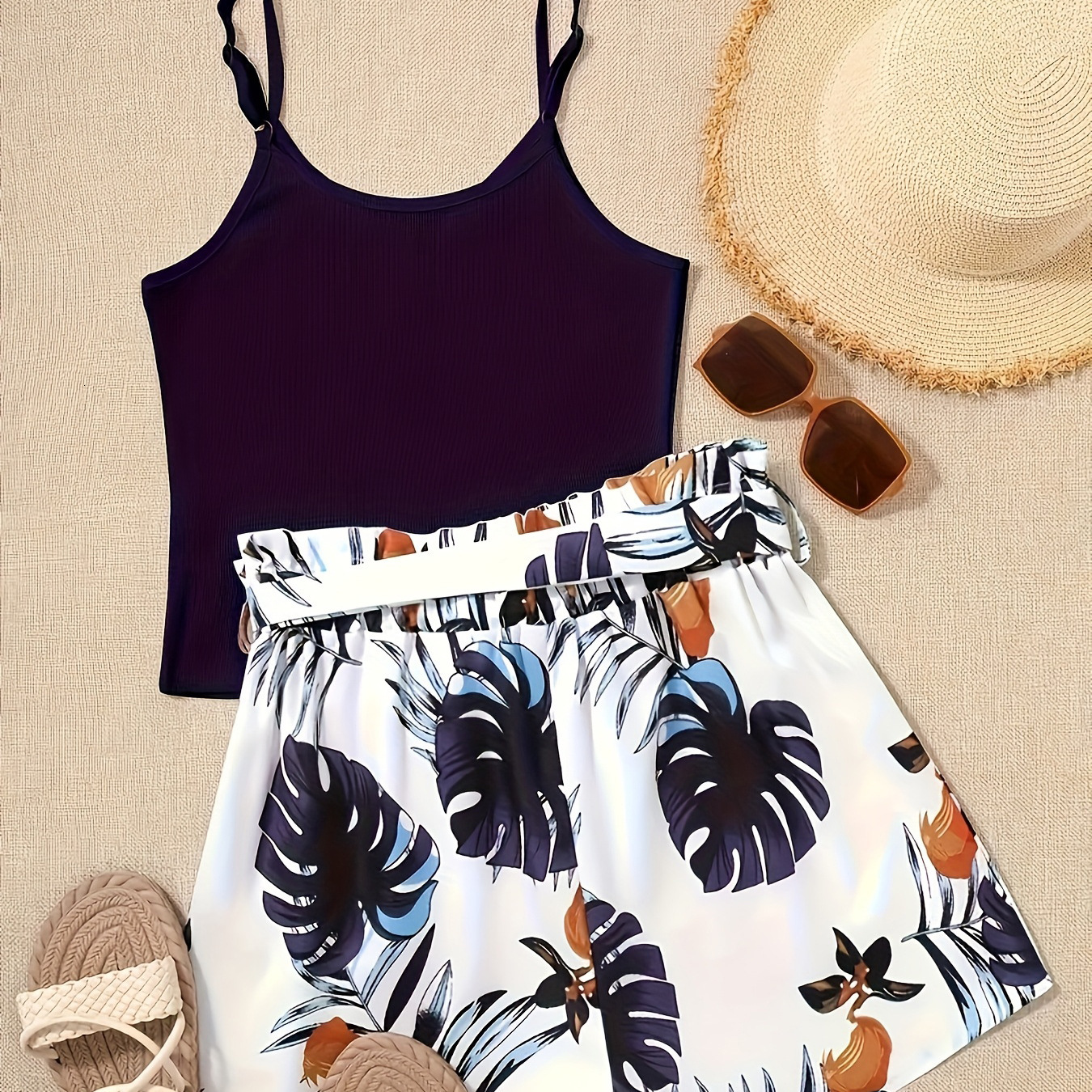 Summer New Beach Style Versatile Camisole Top with Printed Shorts Women's Two-Piece Set