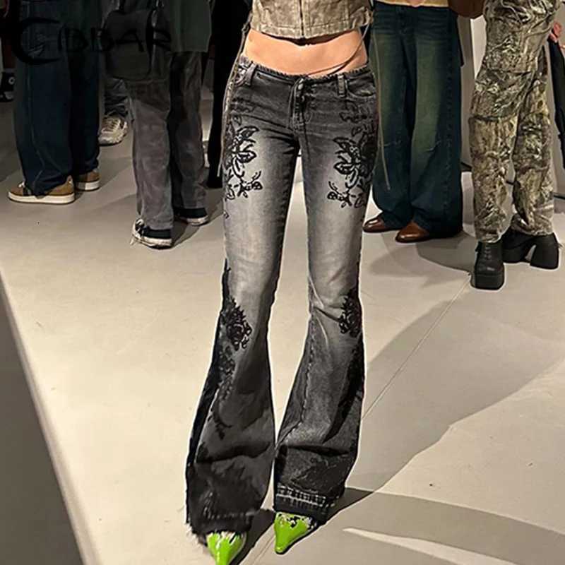 CIBBAR Streetwear Y2K Flare Jeans Distressed 2000s Floral Print Low Rise Slim Denim Pants Korean Women Trousers Retro Mom Jeans R250716