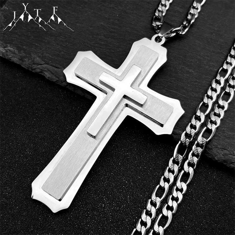 Big Jesus Christian Cross Pendant Necklace for Men Women Stainless Steel Silver Color Link Figaro Chain Male Necklace Jewelry XJ250717