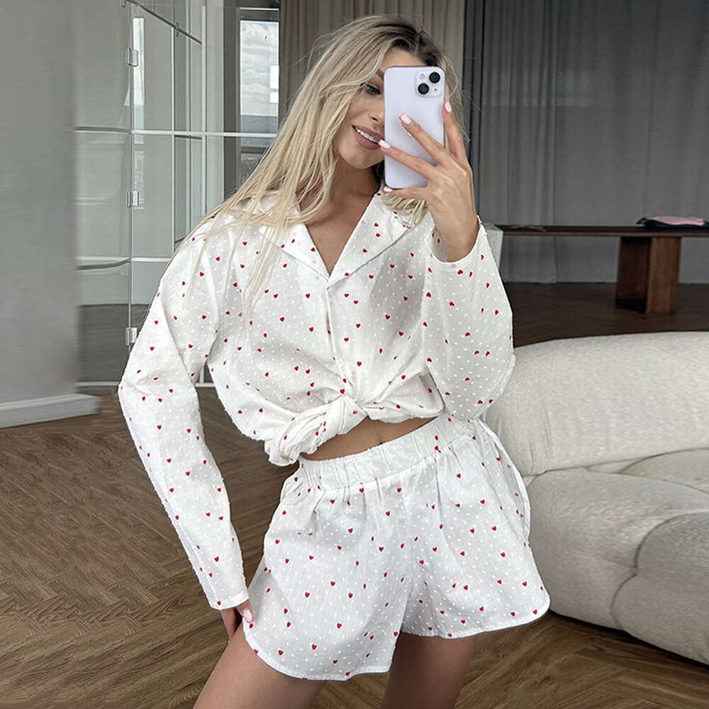 Heart Print Spring Summer New Women's Printed Long Sleeve Shorts Pajama Two-Piece Set B5