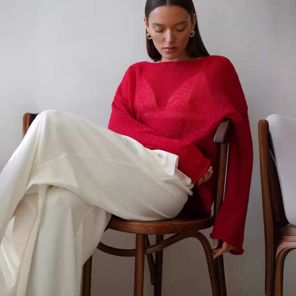 New Autumn Style Hollow Knitted Top Round Neck Sheer Thin Sweater For Women B5