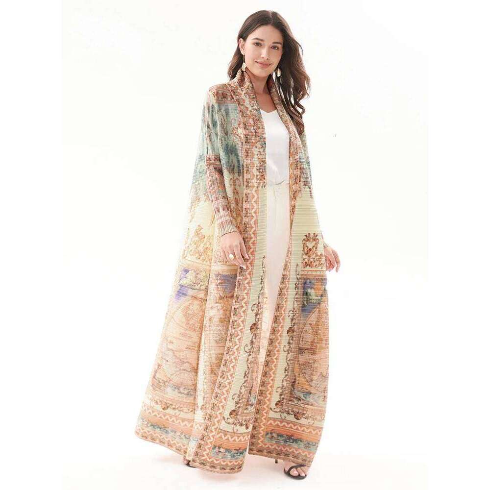 Miyake Pleated Turndown Collar Vintage Printed Long Sleeve Dress Women 2024 New Original Designer Abaya Fashion Classical Coats