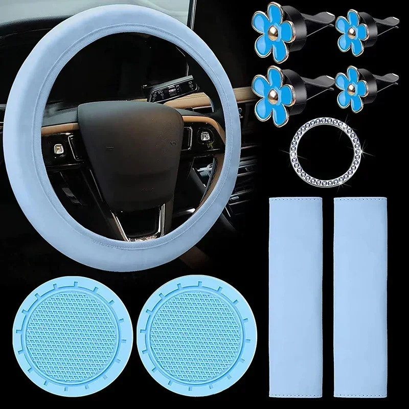 10 Pcs Leather Steering Wheel Cover For Women Cute Car Accessories Set With Seat Belt Shoulder Pads Cup Holders Car Decorations 250715