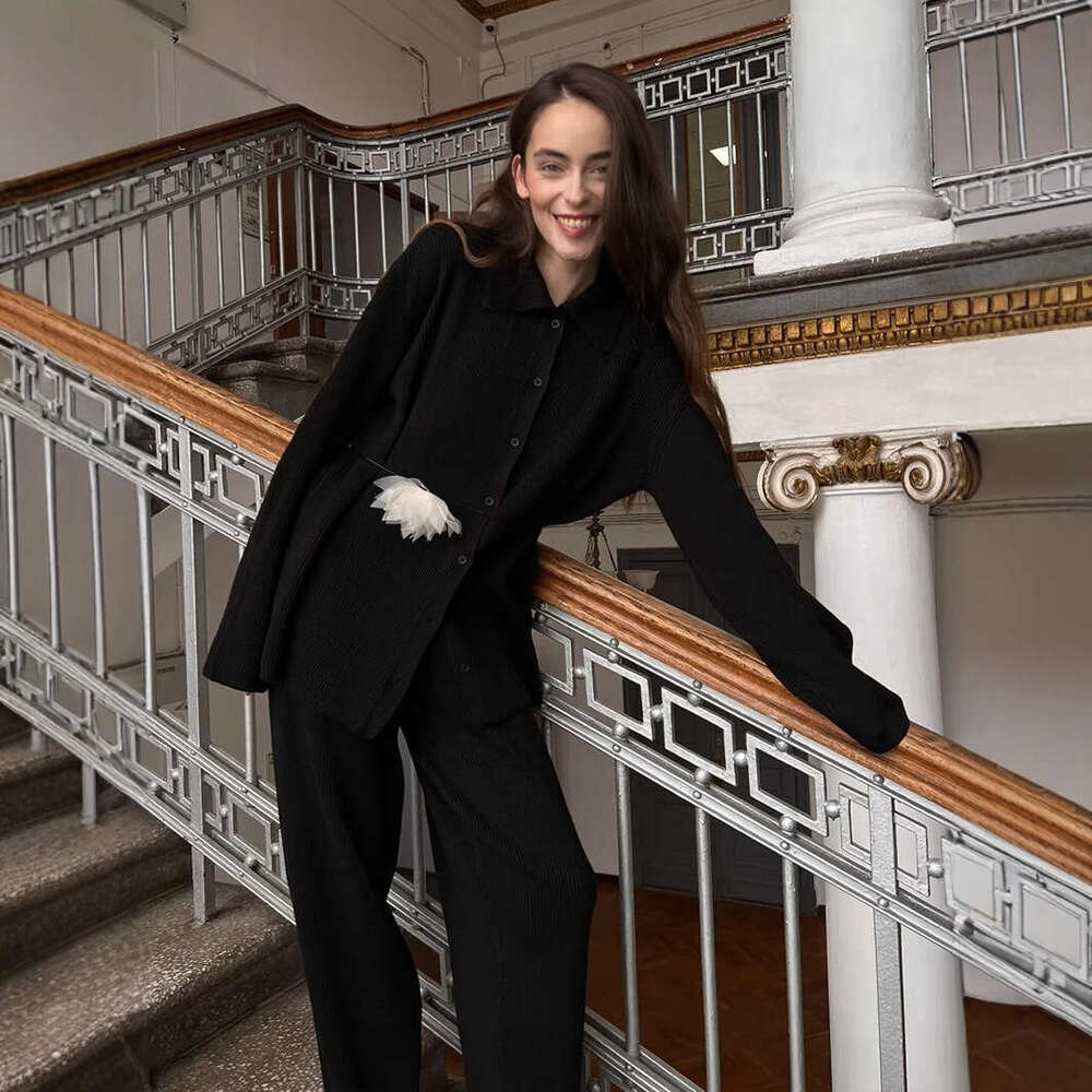 Turn-Down Collar Long Sleeve Knitted Autumn Winter New Style Elegant Loose Commuting Ribbed Sweater Suit B5