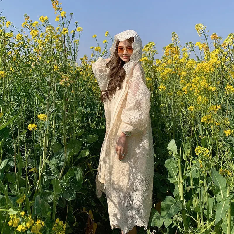 Womens Hooded Jacket Lace Sun Protection Jacket Spring Summer Plus Size Loose Retro Mid-length Hooded Jacket Thin Light Korean 250714