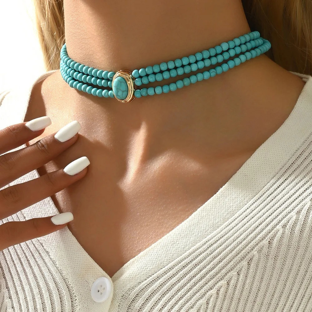 Multilayer Turquoise Beaded Choker Elegant Statement Fashionable Gift Idea Accessory 250717