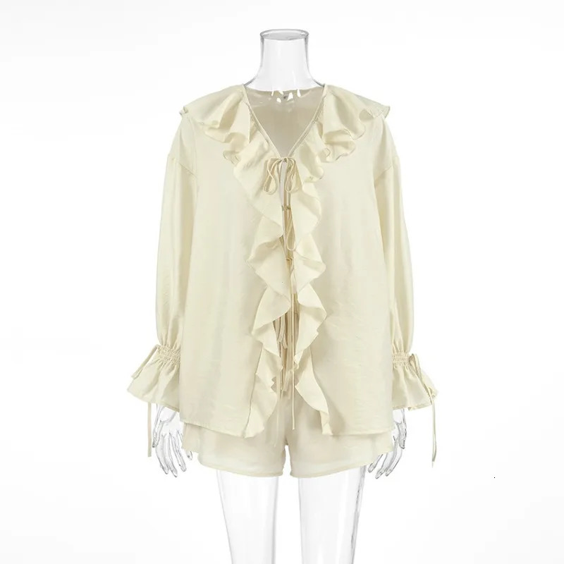 Summer Holiday Long Sleeve Ruffle Lace Up Chiffon Shorts Suit Women Casual V Neck Solid Loose Set 2025 Female Outfits 250714