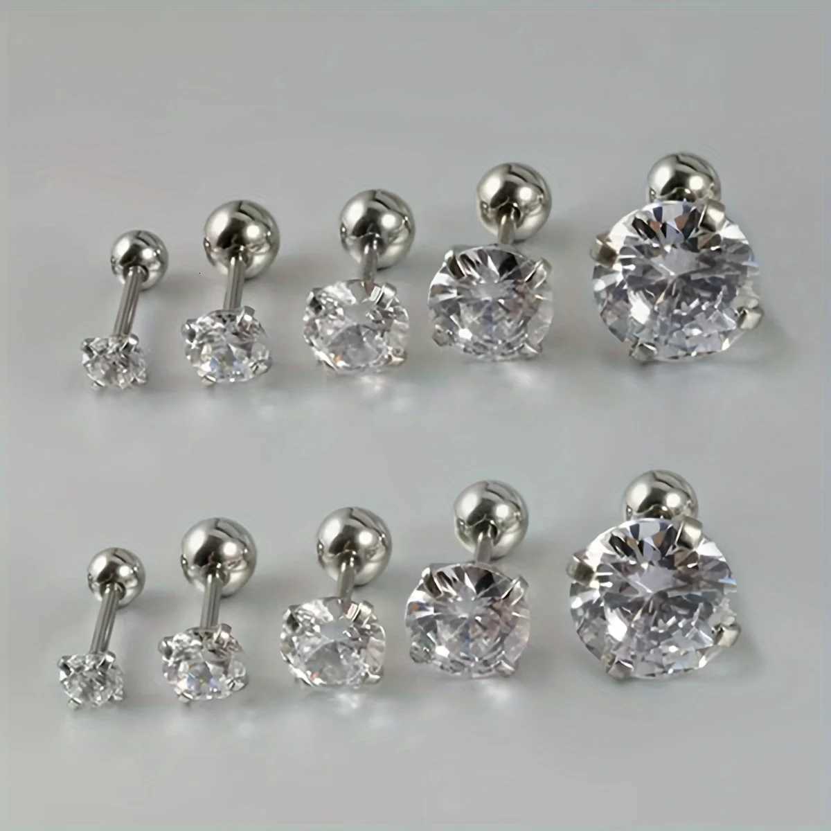 1 Pair/5 Pairs Set Stainless Steel Round Ball Golden Silvery Cubic Zirconia Ball Screw Back Stud Earrings Set for Men Women y250715