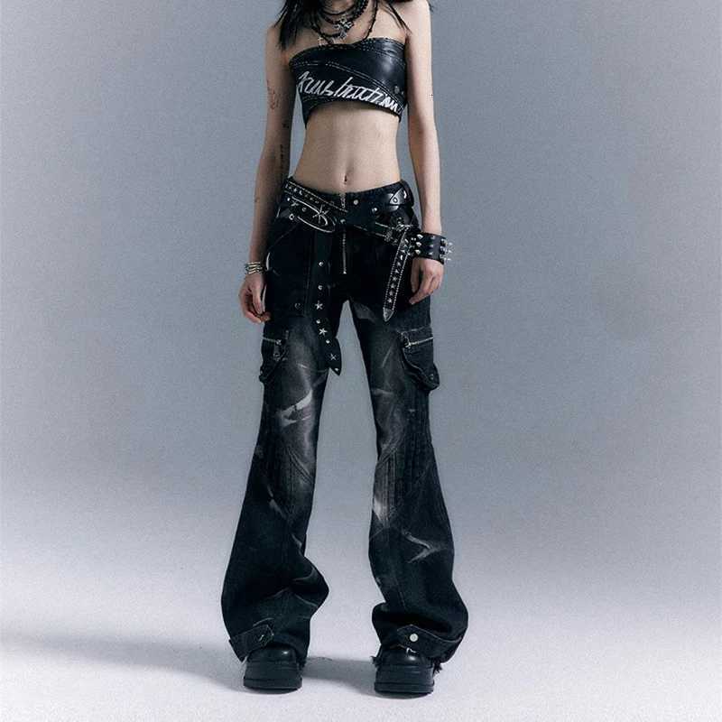 American Streetwear Grunge Flare Jeans Women Low Rise Riveted Gothic Vintage Denim Pants Harajuku Y2K Punk Slim Trousers R250716