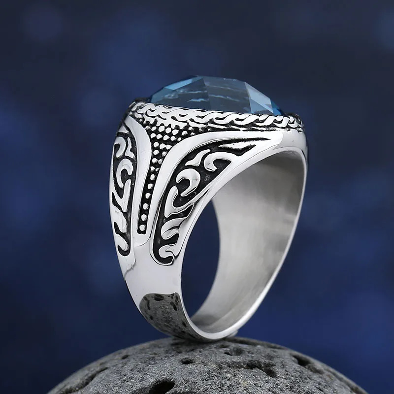 316L Stainless Steel Blue Zircon Ring Vintage Good Polished Fashion Jewelry Couple Gift us size 7 to 13 250716
