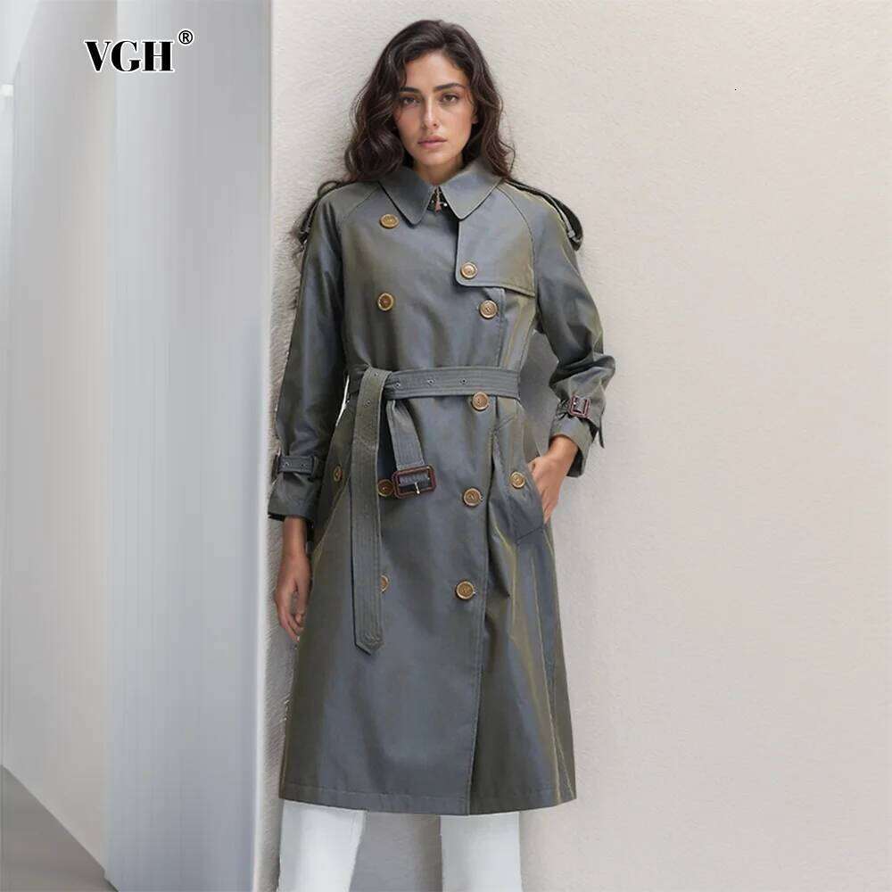VGH Vintage Patchwork Belts Trench For Women Lapel Long Sleeve High Waist Spliced Buttons Streetwear Windbreakers Female Fashion