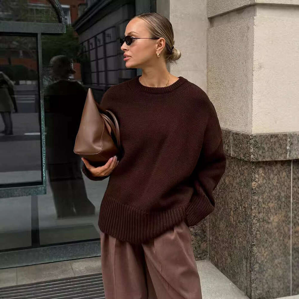 Autumn Winter New Solid Color Versatile Casual Lazy Pullover Knitted Round Neck Sweater B5