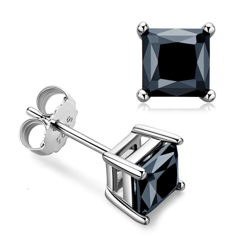 Fashion INS Style Small Sugar Cube Black Moissanite For Women Exquisite Princess Square Earrings With Pure Sier B93