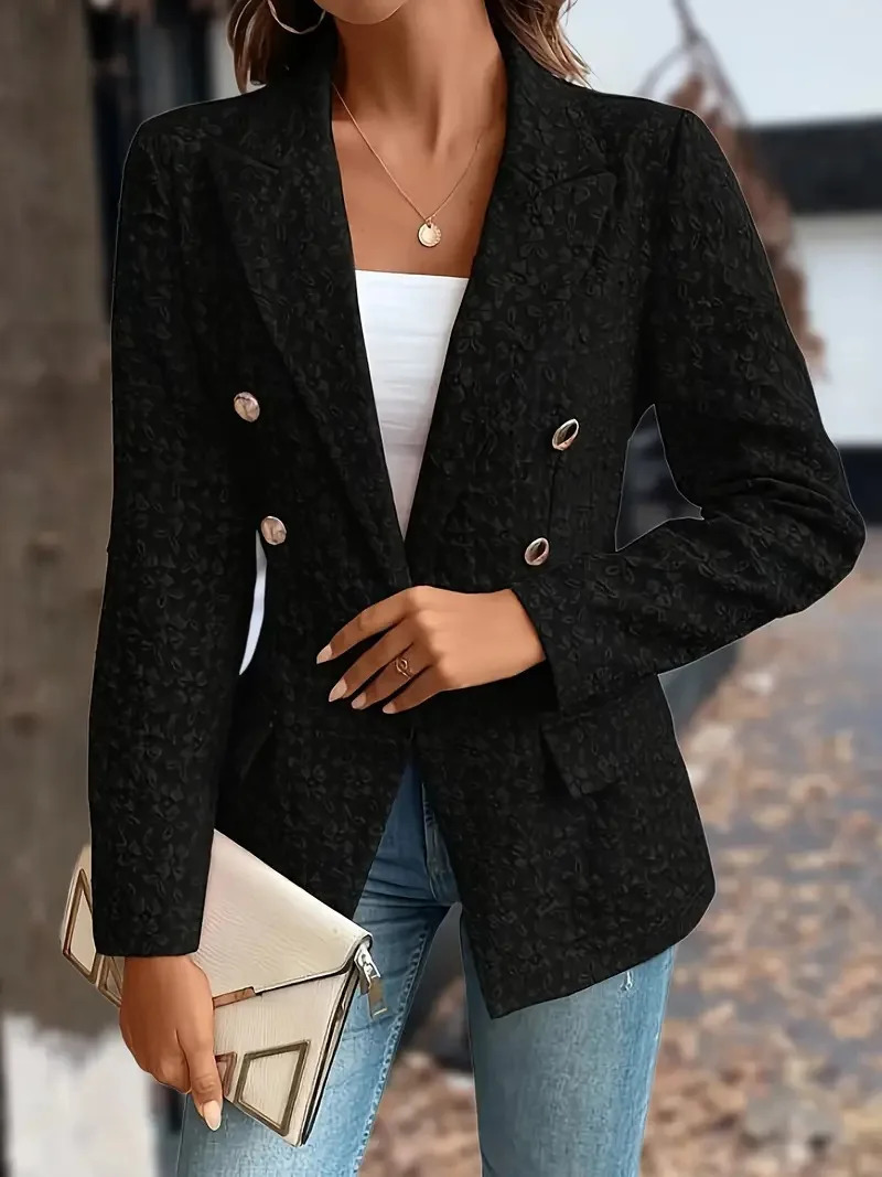 Women Fashion Blue Blazer Jacket Office Lady Double Breasted Pockets Vintage Female Coat 250715