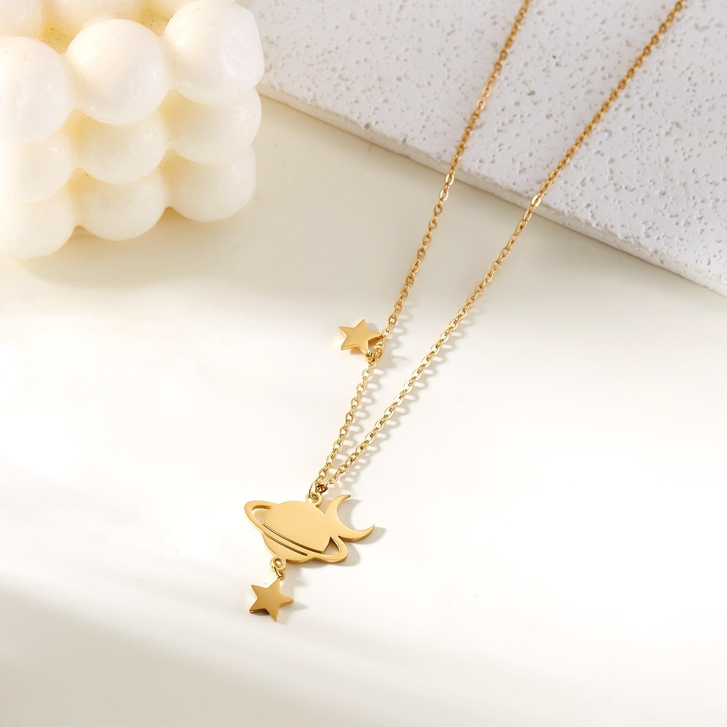 Hot New Planet Moon Stainless Steel Double Layer Necklace fashion Plated 18K Gold Female Geometric Stud Earrings