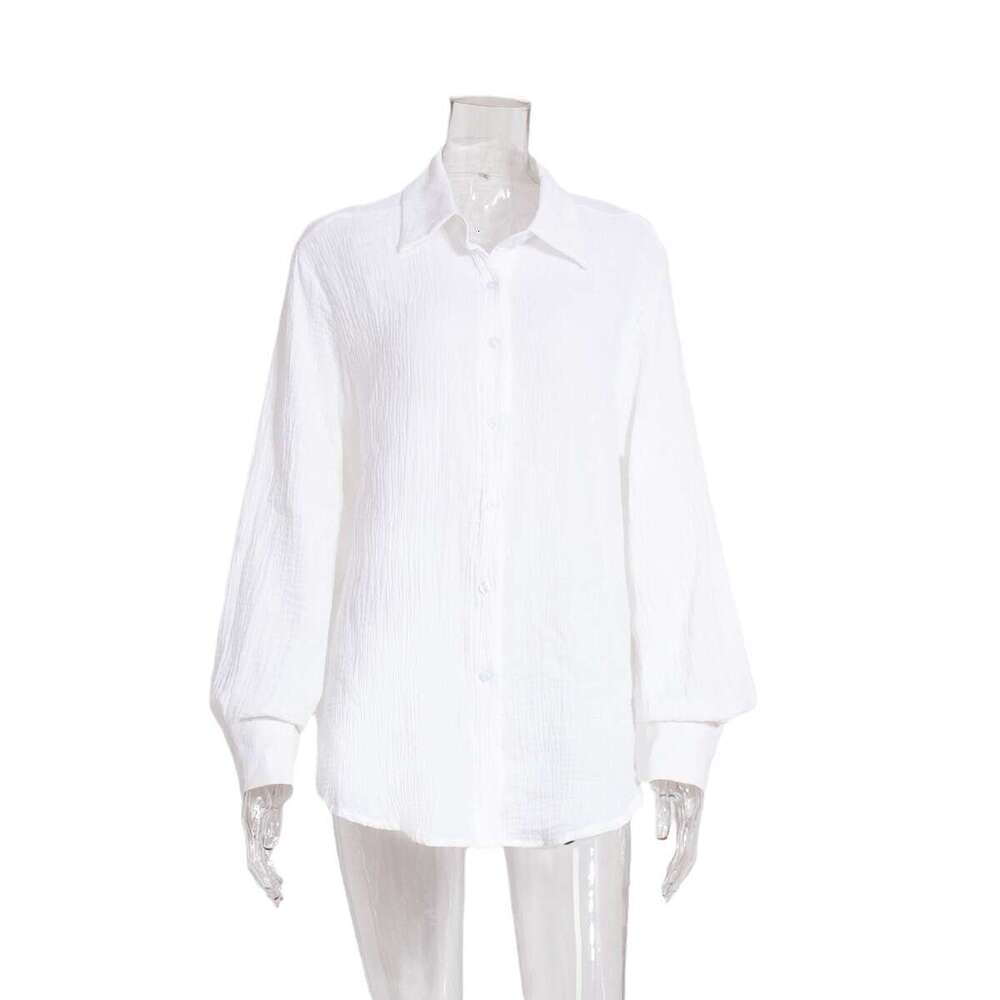 Pure Cotton Crepe Summer New Women's Comfortable Loose Elegant Polo Shirt Blouse B5