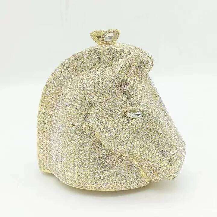 Lady Blue Crystal Evening Bags Clutches Women Party Purse Horse Head Shape Animal Dinner Dia Female Chain Shoulder Bag