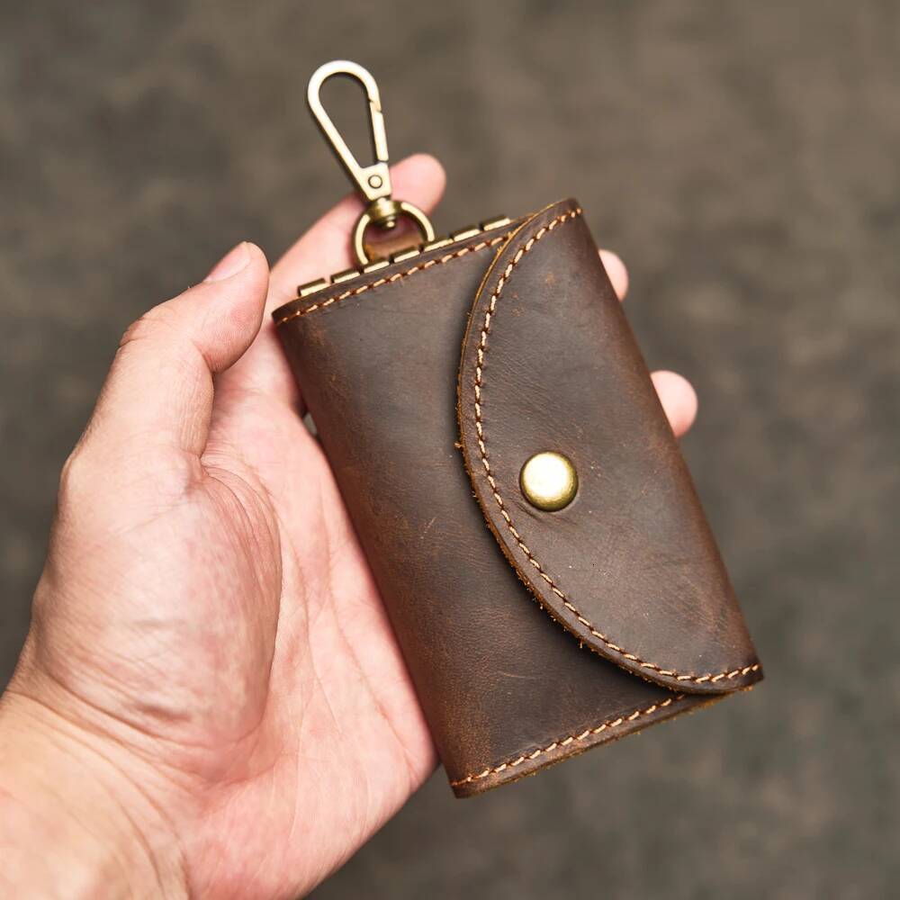 Retro Cowhide Wallet Handmade Genuine Leather Car Key Bag Portable Housekeeper Keys Holder Card Slot Money Clip Short Purse