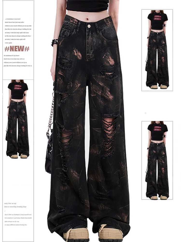 Womens Black Gothic Y2k Ripped Jeans Baggy Harajuku Denim Trousers Vintage Emo Jean Pants Japanese 2000s Style Trashy Clothes R250716