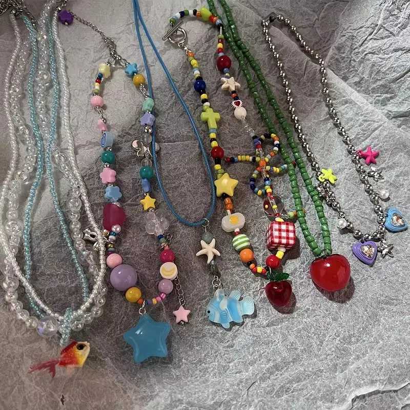 Kpop Y2K Boho Colorful Sugar Star Tassel Pendant Choker Necklace for Women Sweet Love Heart Chain Aesthetic Jewelry Accessories XJ250717