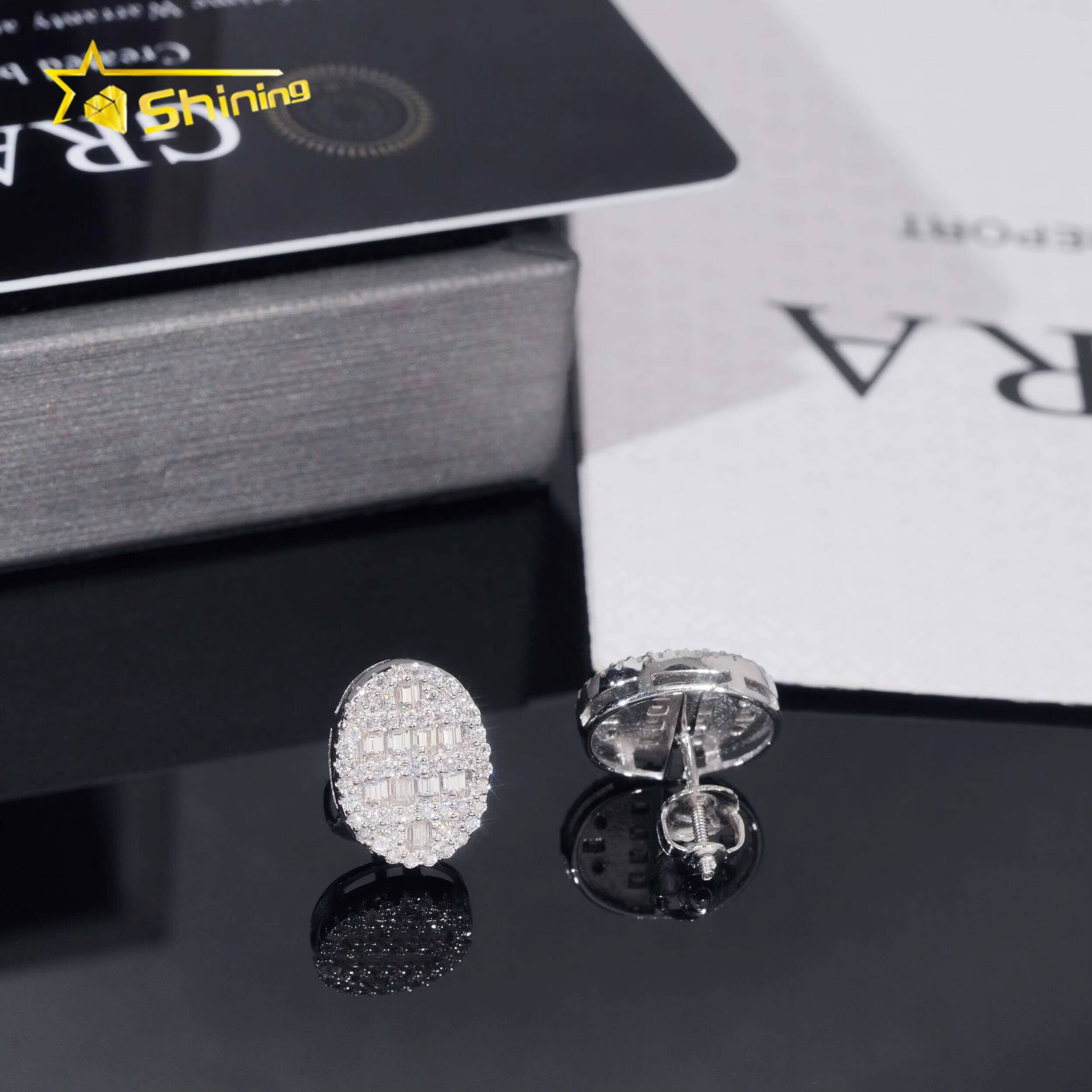 New Design baguette Lab Diamond Earrings Silver 925 Vvs Moissanite Hip Hop Iced Out Stud Earrings