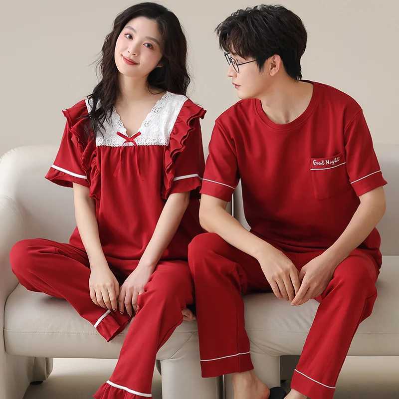 100% Cotton Fashion Women Short Sleeve Long Pants Sleepwear Set Couples Festive Red Color Pajamas Summer Home Lounge Gift W250717