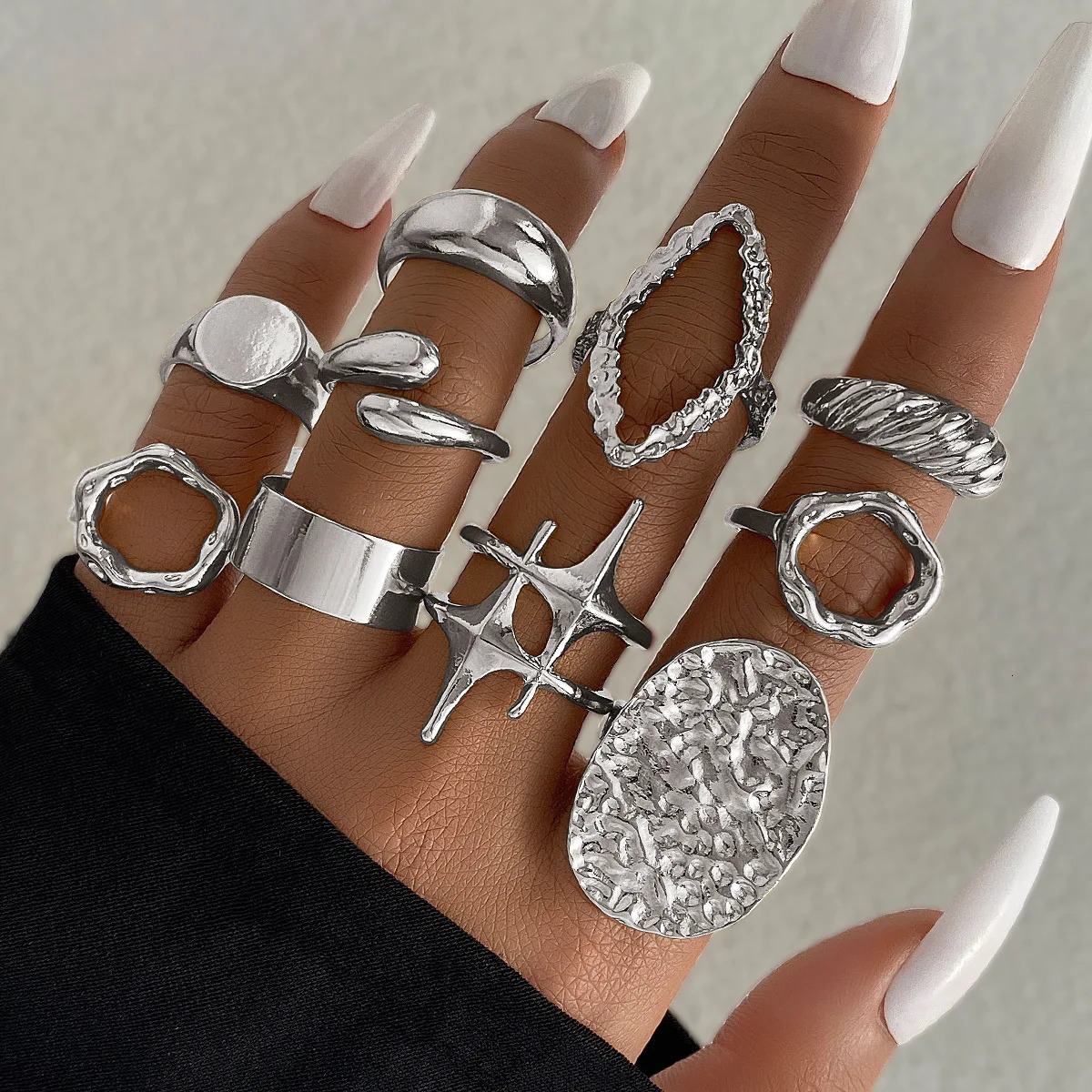 15Pcs/Set Fashion Punk Metal Irregular Lava Open Lines Water Droplet Lava Star Rings Set For Women Punk Geometric Smooth Jewelry 250716