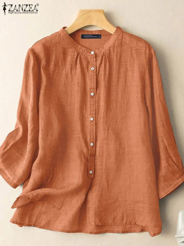 ZANZEA 2025 Spring Summer Blouses Casual Women Shirts Solid Color 34 Sleeve Buttons Cotton Linen Blusas Solid Top Casual Tunic 250715