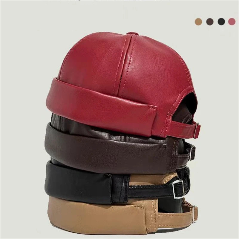 Retro Solid Color Brimless Hat Spring Summer Fashion Casual PU Leather Melon Caps Docker Cap Men Women Adjustable Hip Hop Hats 250715