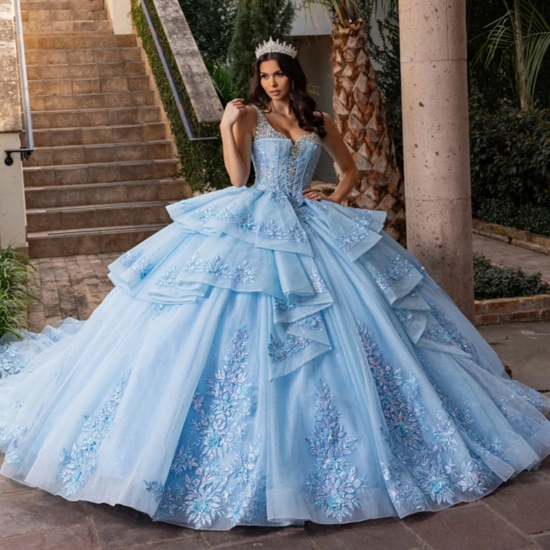 Sky Blue Shiny Off The Shoulder Ball Gown Quinceanera Dresses Appliques Flower Beading Crystal Bow Tull Sweet 16 Dress vestidos 15 De Anos