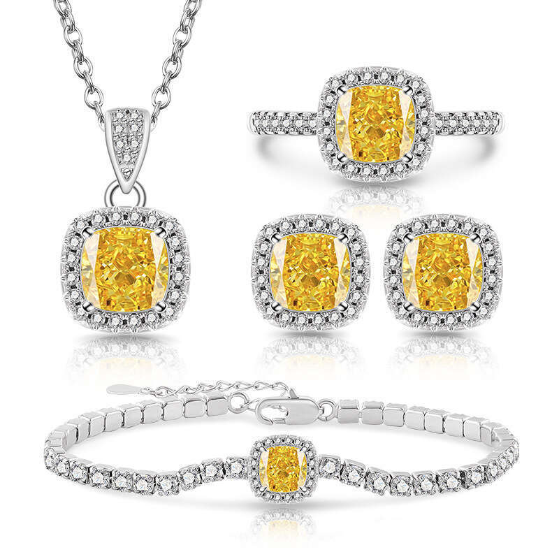Simple and Elegant Square Zircon Korean Versatile Fashion Ring Earrings Necklace Bracelet Set 531