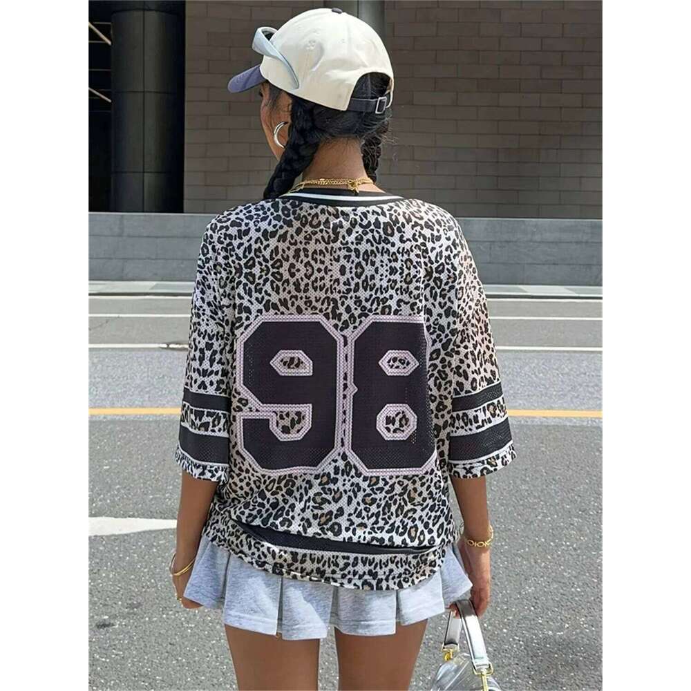 Summer Women'S New Leopard Print Digital Printed Mesh Jersey T-Shirt V Loose And Sexy Short Sleeved Street Wear Y2k Casual Top